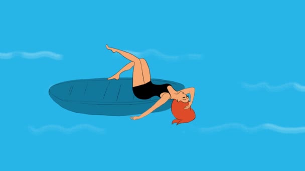 Classic Hand Drawn Animation Red Haired Girl Lies Boat Floats — Stock Video