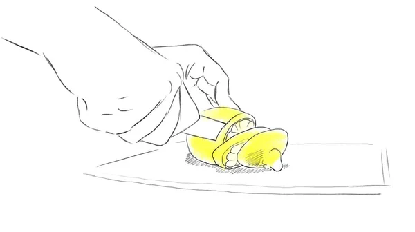 Drawing Hands Close Slicing Lemon Slices — Stock Photo, Image