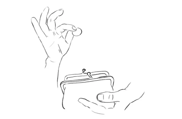 Putting Coin Your Wallet Hands Close Black White Sketch — Stock Photo, Image