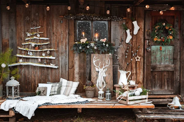 Image Village Christmas Scene Rustic Style Wooden Wall Handmade Decoration — Stock Photo, Image