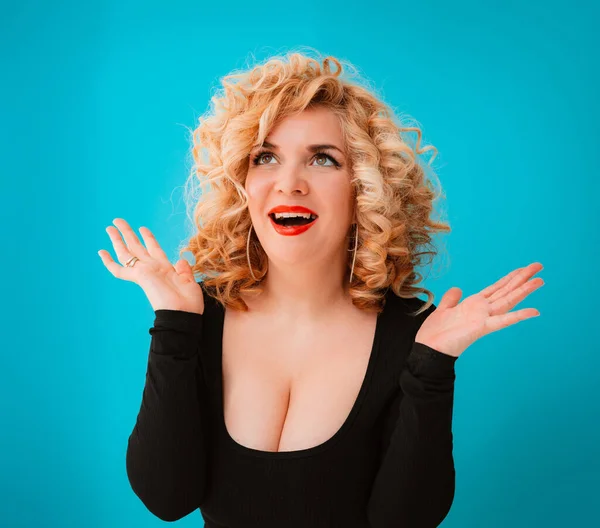young beautiful blonde curly haired woman plus size body positive with big breasts
