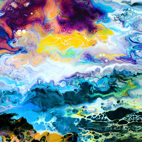 Abstract painting made of liquid acrylic with fluid art technique with colorful bright colors. Teamwork, study, art therapy concept.