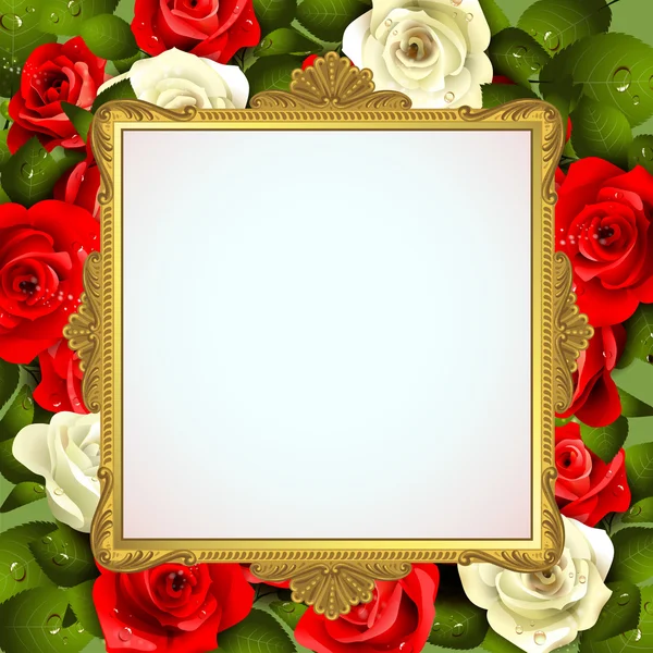 Golden frame with roses on white background — Stock Vector