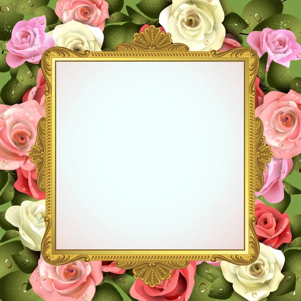 Χρυσή κορνίζα με τριαντάφυλλα σε άσπρο φόντο — Διανυσματικό Αρχείο