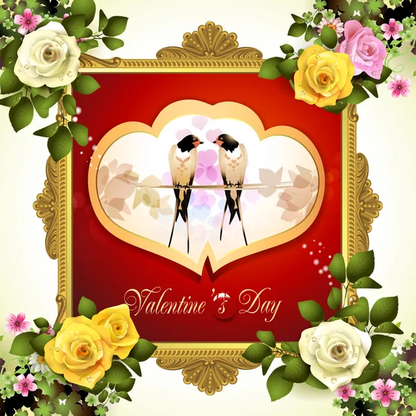 Aftelkalender voor Valentijnsdag frame met twee zwaluwen — Stockvector