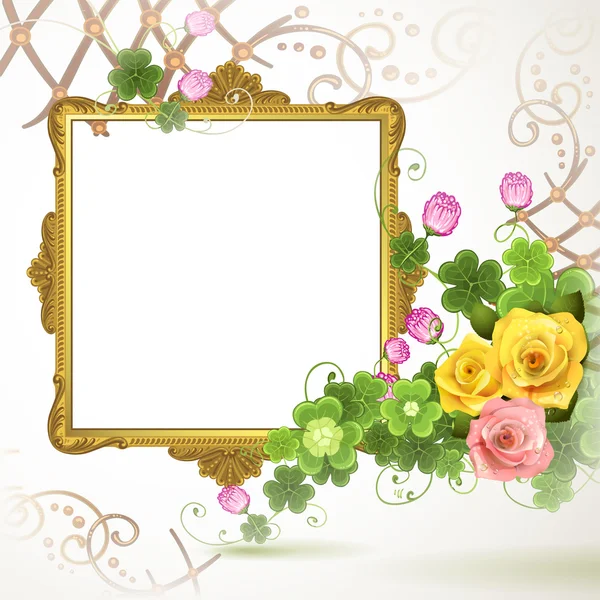 Golden frame with roses on white background — Stock Vector