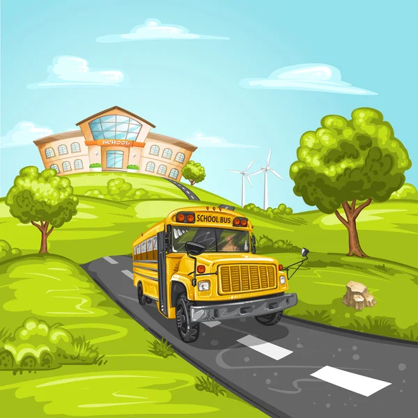 Autobus scolaire et bâtiment scolaire — Image vectorielle