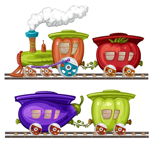 Овощные поезда, вагоны и рельсы — стоковый вектор