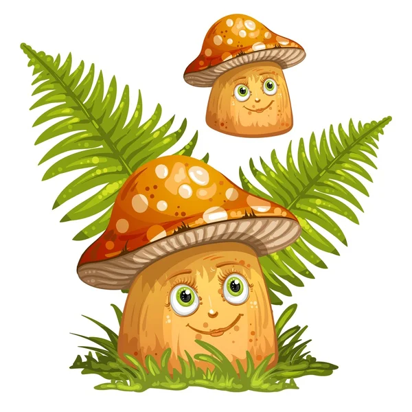 Champignons de dessin animé et fougères — Image vectorielle