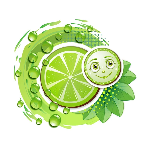 Slice of lime with leafs and a smiley face — Stock Vector