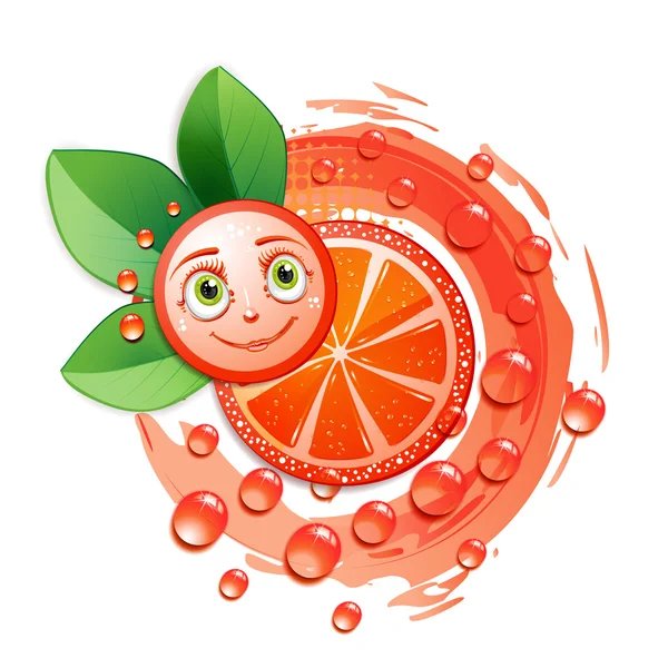 Rebanada de pomelo con hojas y una cara sonriente — Vector de stock