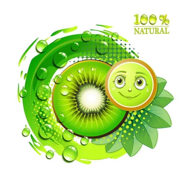 Kiwi slices with leafs and a smiley face — Stock Vector