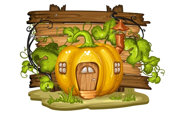 Casa de dibujos animados para gnomo hecha de calabaza — Vector de stock