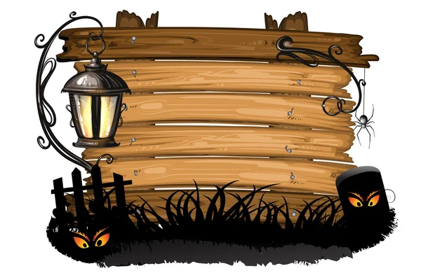 Wood banner for Halloween with burning lantern — Stock Vector