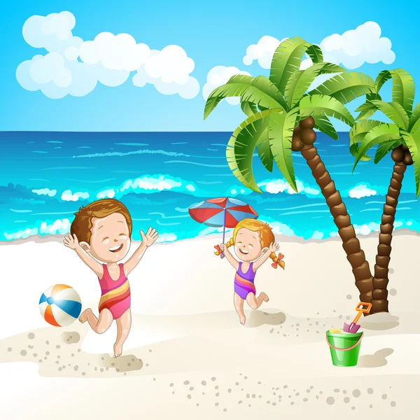 漫画ヒトデと傘を持つ夏のビーチ — ストックベクタ