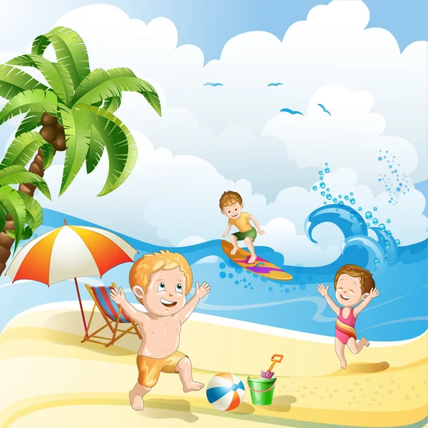 Děti si hrají na pláži — Stockový vektor