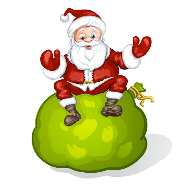 Dessin animé Père Noël souriant et assis sur le sac — Image vectorielle