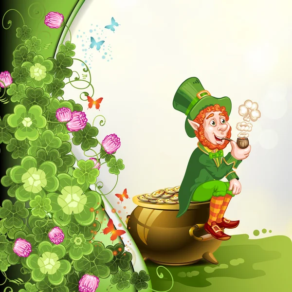 Leprechaun zittend op een pot met goud en houden van een pijp — Stockvector