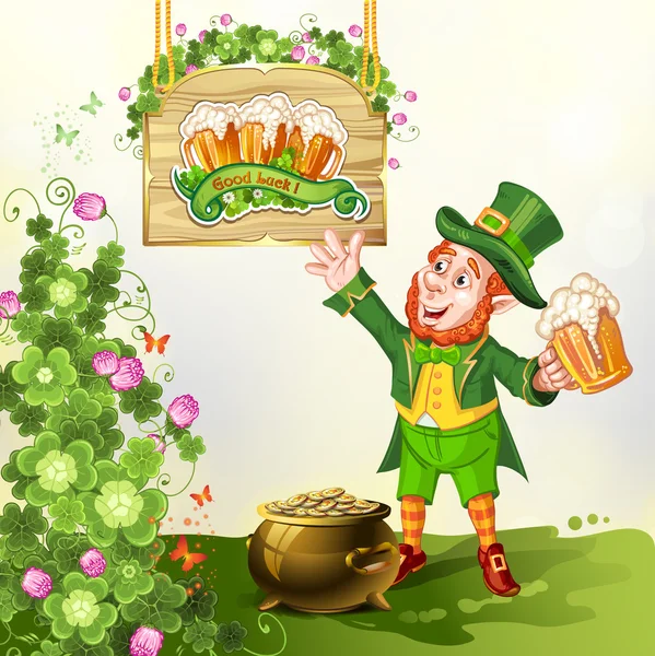 Leprechaun Drinking Beer-St. Patrick 's Day Cartoon — стоковый вектор