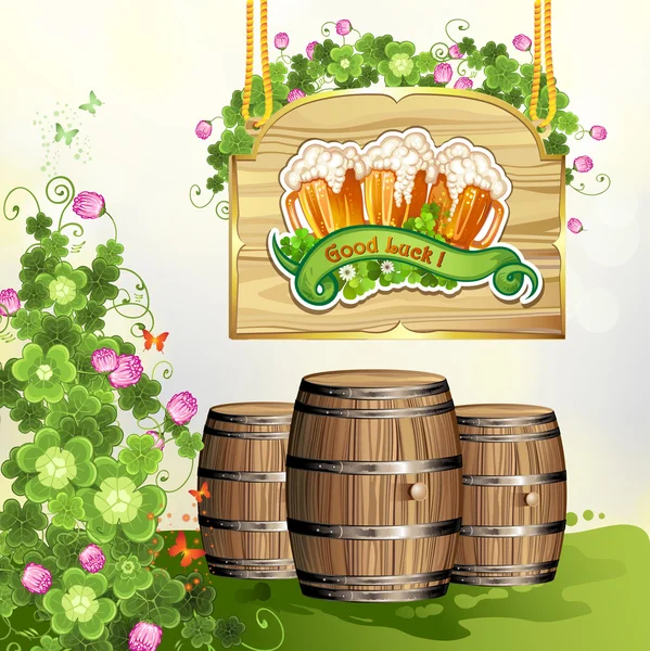 Wood banner with clover, beer and barrels — Stock Vector