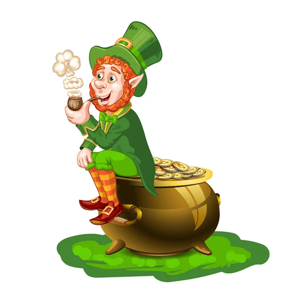 Leprechaun sentado em um pote de ouro e segurando um tubo —  Vetores de Stock