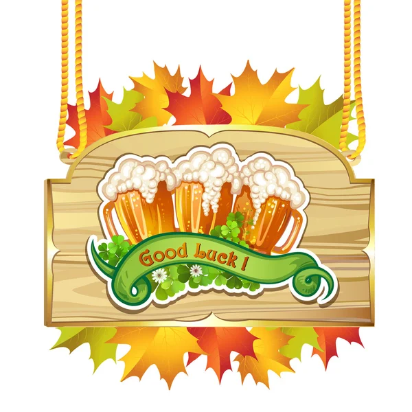 Bannière en bois avec feuille et bière — Image vectorielle