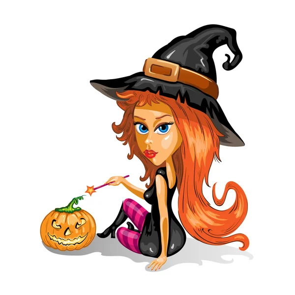 Red haired witch with pumpkin — Stock Vector