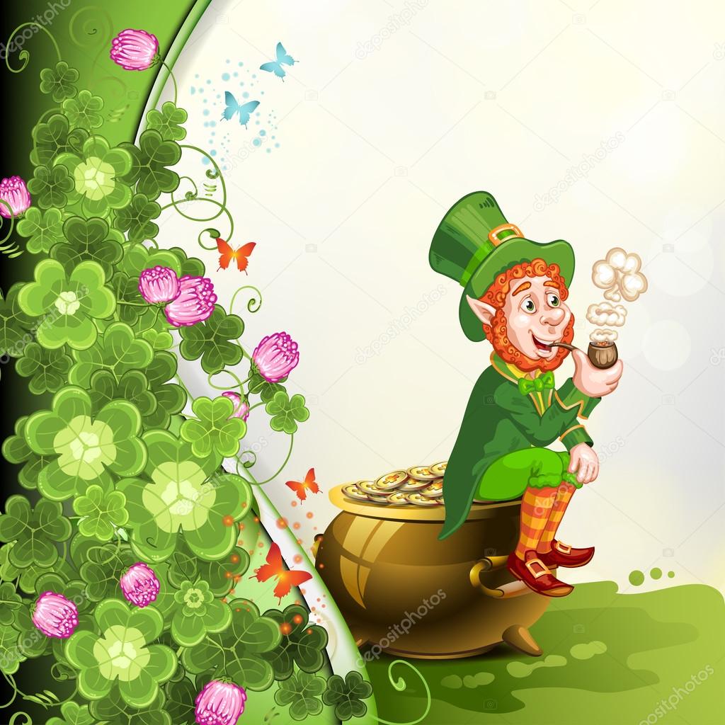 Leprechaun sitting on a pot of gold and holding a pipe