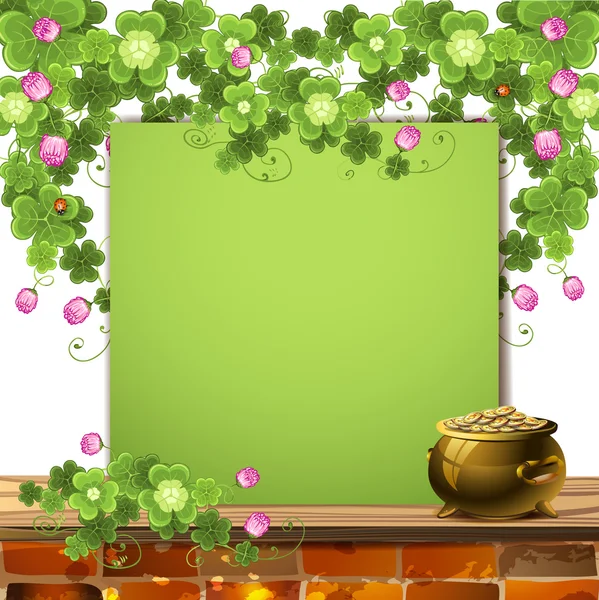Green banner with clover, and pot of gold — Stock Vector