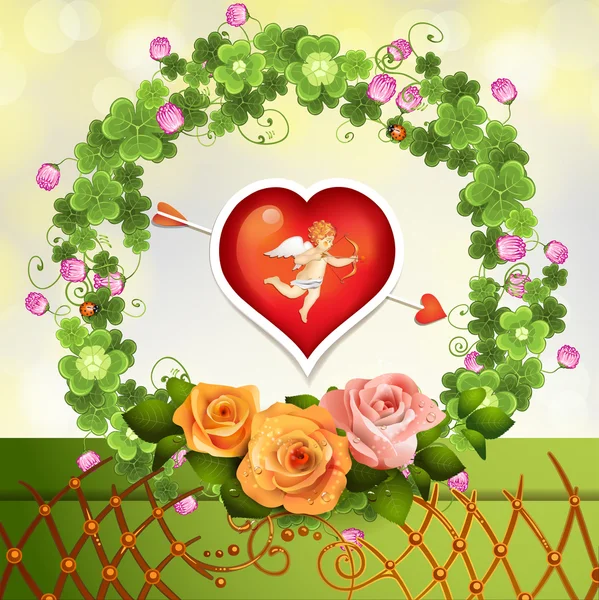 Crown clover and roses with heart and cupid — Stock Vector