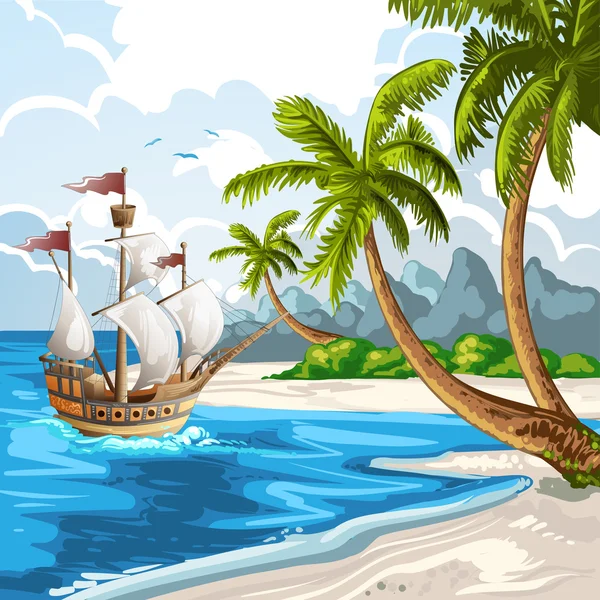 Playa de verano con barco en marcha — Vector de stock