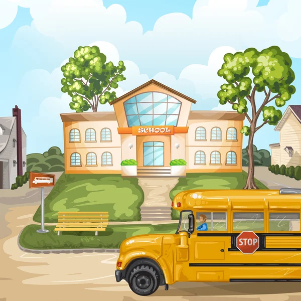 School bus and school building — Stock Vector