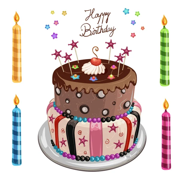 Decorated birthday cake and four colorful candles — Stock Vector