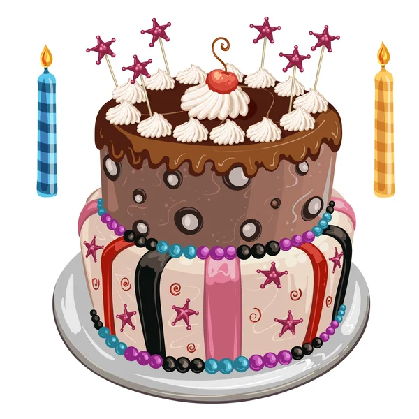 Decorated birthday cake, colorful candles and candy stars