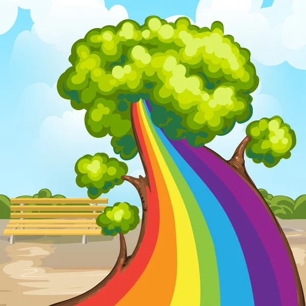 Illustration of a closeup tree with rainbow — Stock Vector