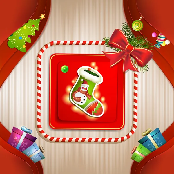 Carte de Noël avec arc chaussette et pin — Image vectorielle