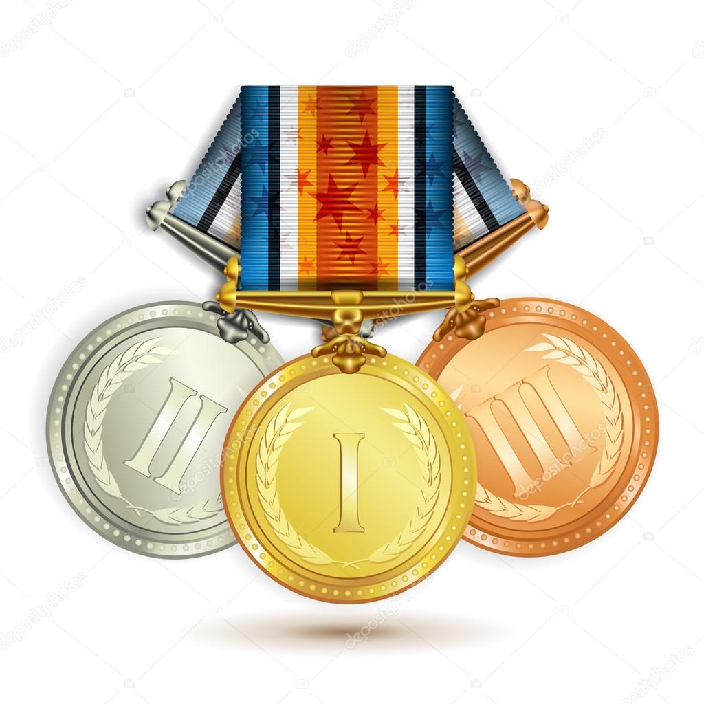 Set of gold, silver and bronze medals with ribbon over white background