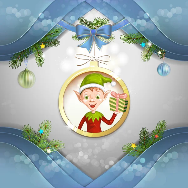 Carino cartone animato di un elfo di Natale in possesso di una scatola regalo — Vettoriale Stock
