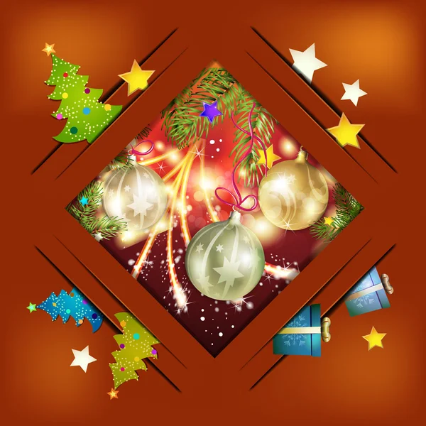 Carte de Noël avec sapin et balle — Image vectorielle