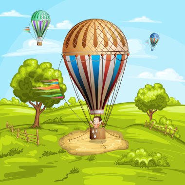 Yaz, yatay, sıcak hava balonları ve mutlu kız
