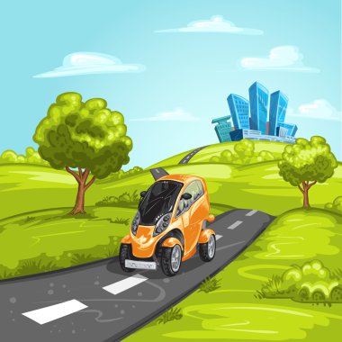 Asfalt yol ve modern şehir turuncu mini araba