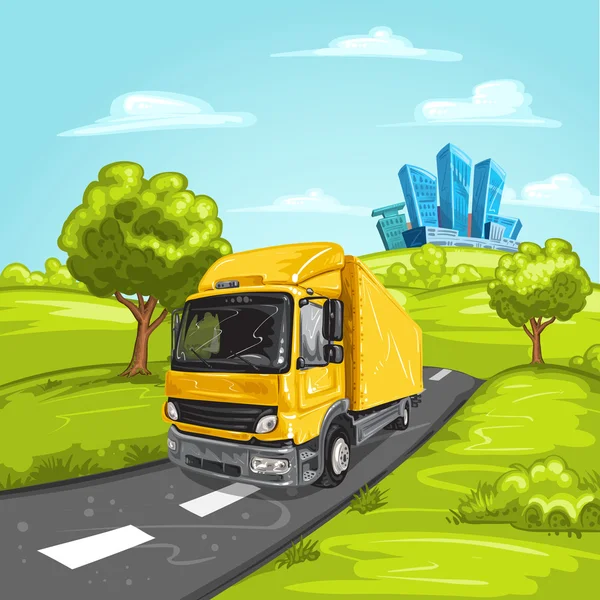 Sárga színű kamiont, aszfaltozott út és a modern város — Stock Vector