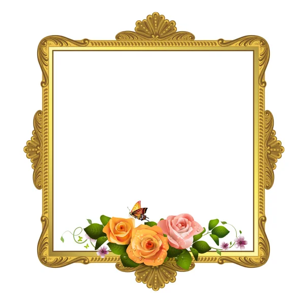 Golden frame with roses on white background — Stock Vector