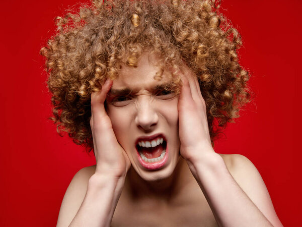 Male Model Curly Hair Posing Studio Stock Picture