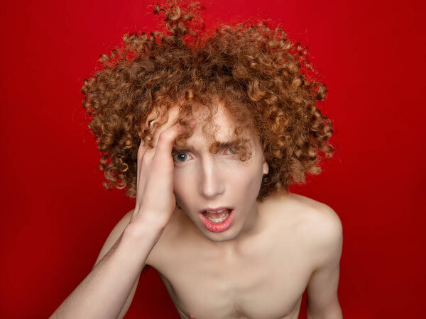 Male Model Curly Hair Posing Studio Stock Image