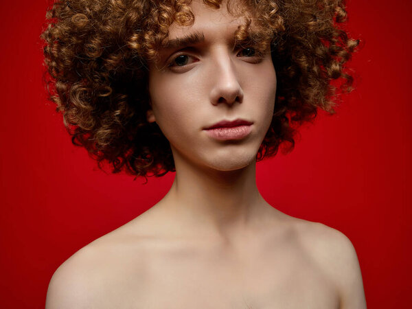 Male Model Curly Hair Posing Studio Stock Image