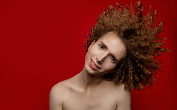 Male Model Curly Hair Posing Studio Stock Photo