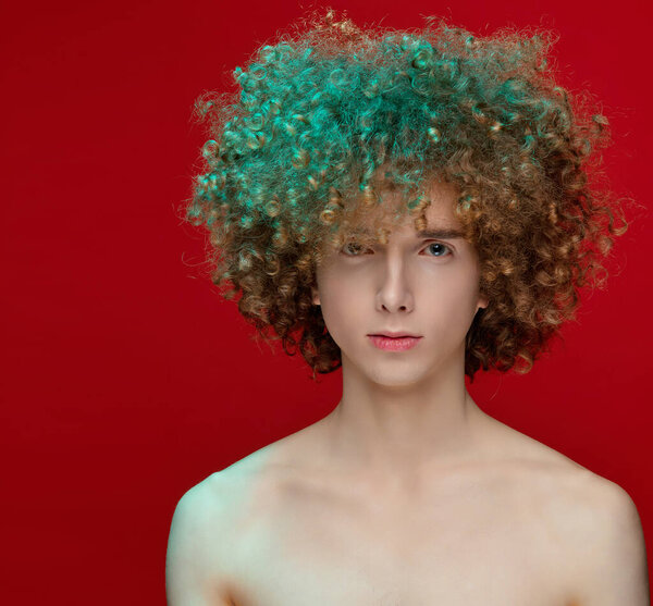 Male Model Curly Hair Posing Studio Stock Photo