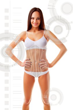 Sexy slim sporty woman with holograms clipart