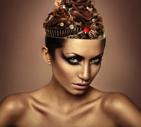 Woman with chocolate in head — Stock Photo, Image